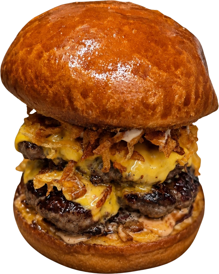 Burger Bar beef burger with cheese and crisp potato hay in a glossy bun