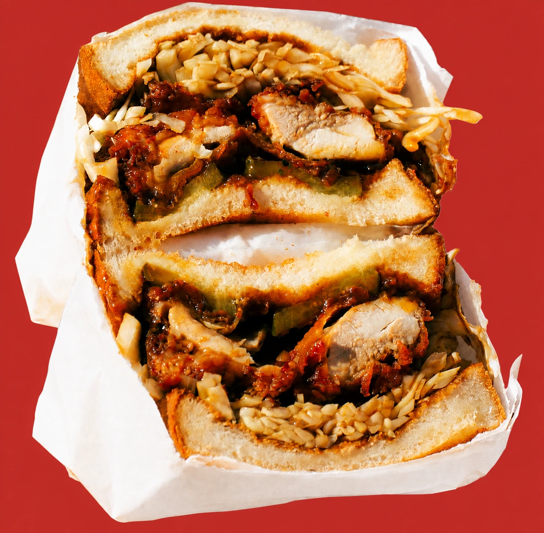 Tonkatsu BBQ chicken sando cut in half and stacked