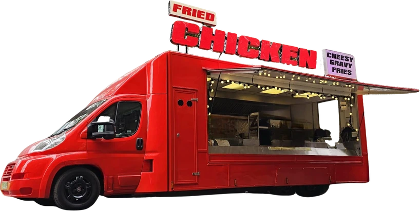 Side view of the big red food truck with its serving hatch open
