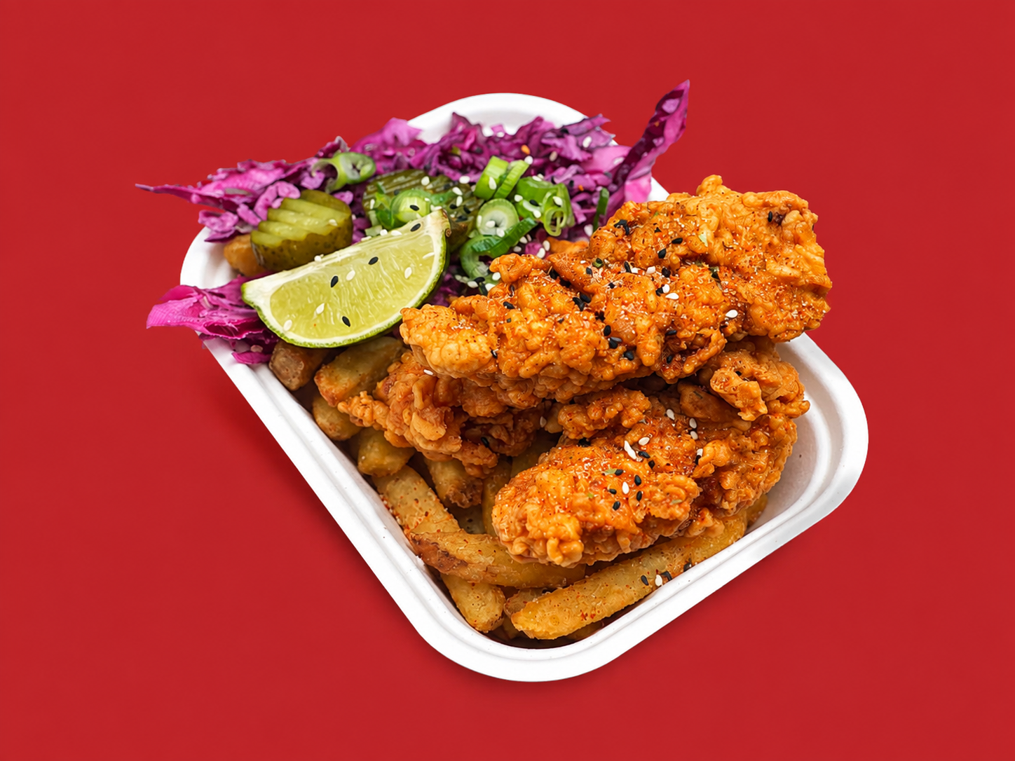 Signature Meal Box with fried chicken, fries, pink slaw and lime